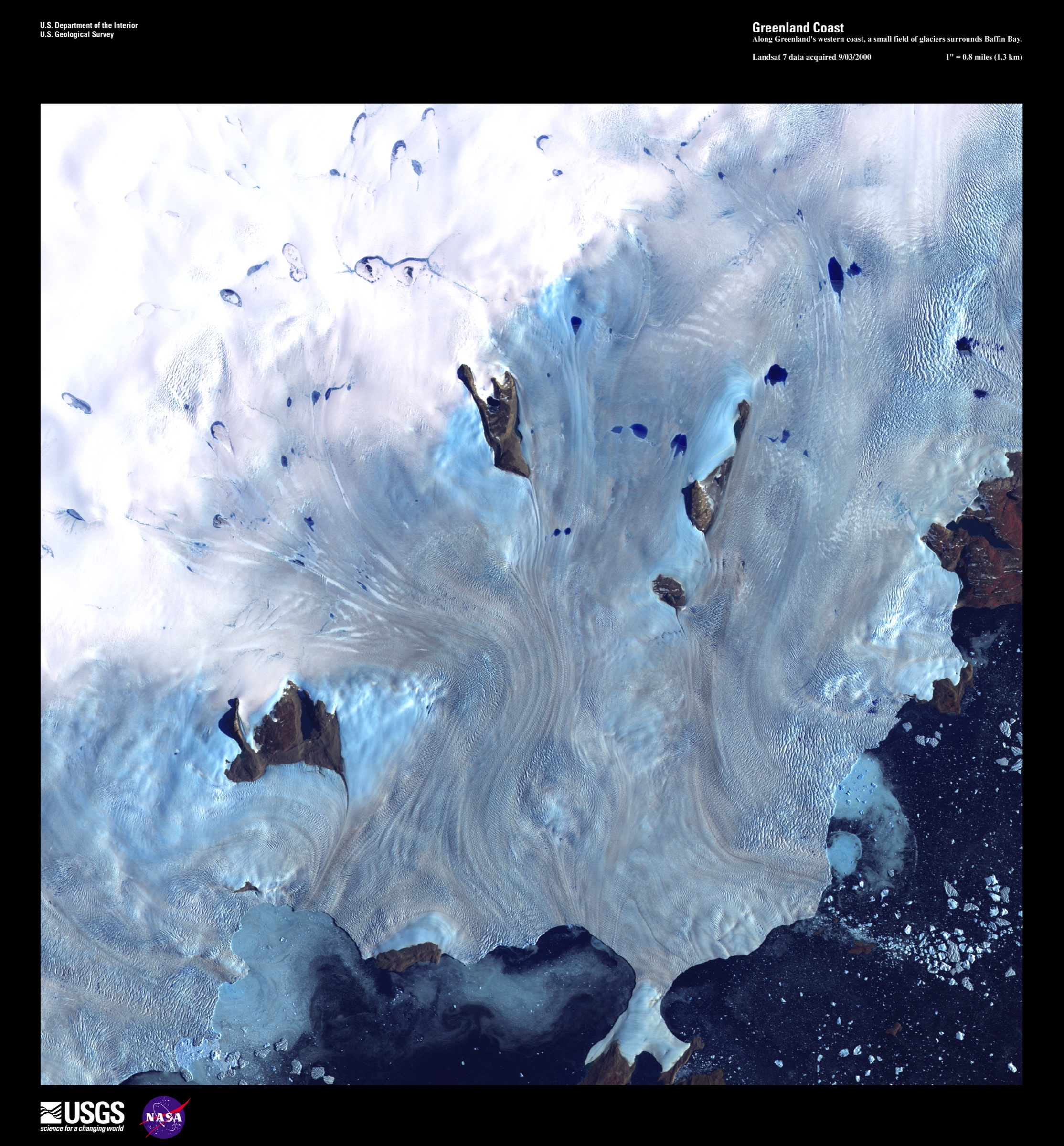 Landsat image showing the intricate texture of glaciers along Greenland’s coast